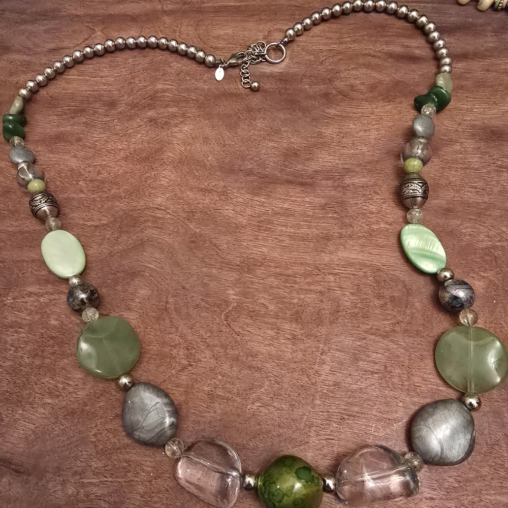 Chico's Green and Silver Beaded Necklace